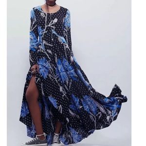 Free People blue and black floral long sleeve maxi dress Size Small